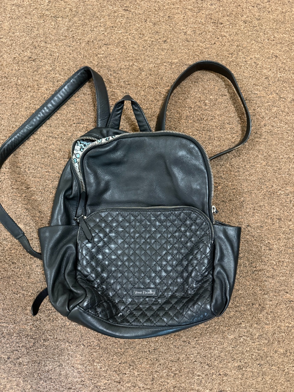 Vera Bradley Genuine Leather Black Quilted Backpack Paisley Lining